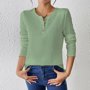 Thin solid color long - sleeved shirt women's spring and summer thin cotton and linen pullover shirt - Negative Apparel
