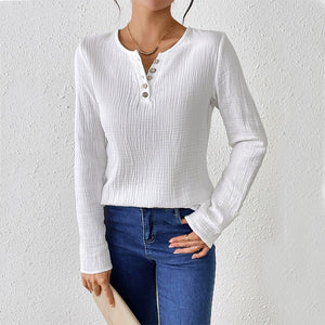 Thin solid color long - sleeved shirt women's spring and summer thin cotton and linen pullover shirt - Negative Apparel