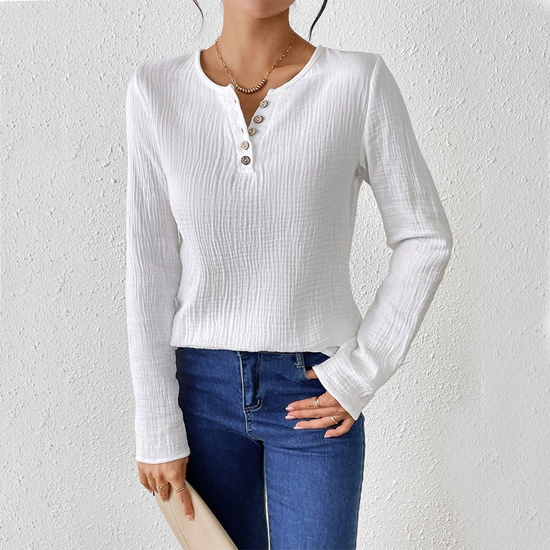 Thin solid color long - sleeved shirt women's spring and summer thin cotton and linen pullover shirt - Negative Apparel