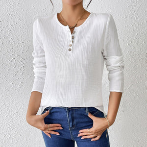 Thin solid color long - sleeved shirt women's spring and summer thin cotton and linen pullover shirt - Negative Apparel