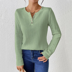 Thin solid color long - sleeved shirt women's spring and summer thin cotton and linen pullover shirt - Negative Apparel