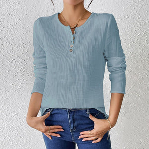Thin solid color long - sleeved shirt women's spring and summer thin cotton and linen pullover shirt - Negative Apparel