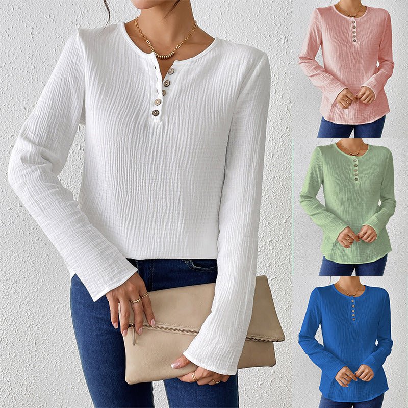 Thin solid color long - sleeved shirt women's spring and summer thin cotton and linen pullover shirt - Negative Apparel