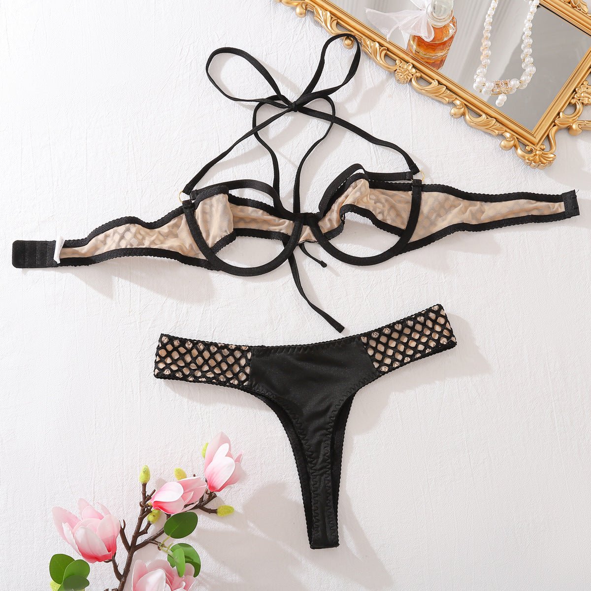 Three - point plaid split body sculpting neck sexy underwear set - Negative Apparel