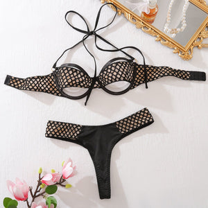 Three - point plaid split body sculpting neck sexy underwear set - Negative Apparel