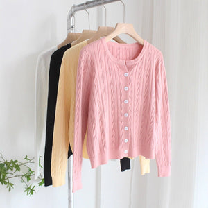 Three - strand core - spun yarn spring, autumn and winter new women's top long - sleeved soft waxy small twist knitted cardigan sweater jacket - Negative Apparel