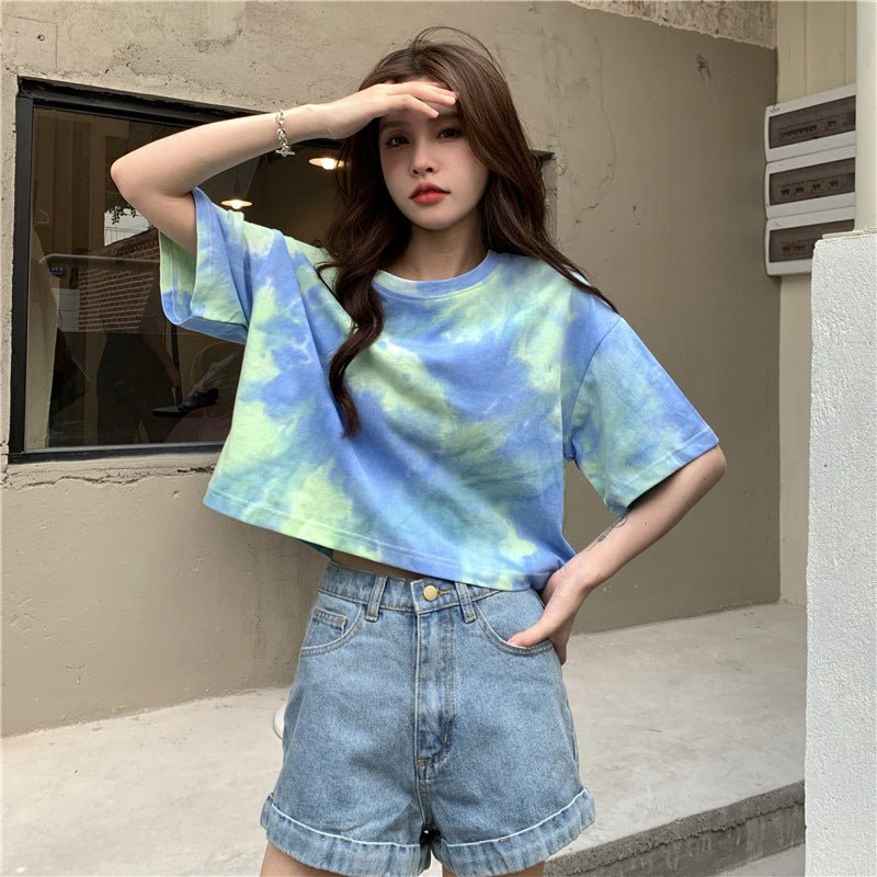 Tie - dyed short - sleeved T-shirt for women in summer 2025 new design niche navel - baring short top - Negative Apparel