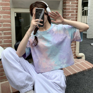 Tie - dyed short - sleeved T-shirt for women in summer 2025 new design niche navel - baring short top - Negative Apparel