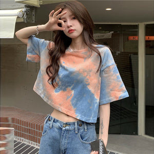 Tie - dyed short - sleeved T-shirt for women in summer 2025 new design niche navel - baring short top - Negative Apparel