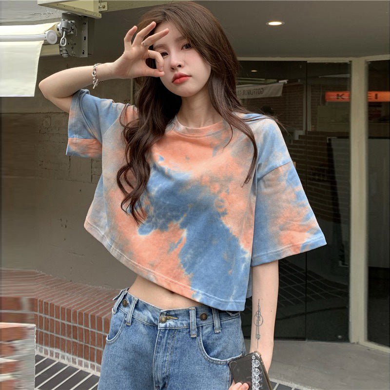 Tie - dyed short - sleeved T-shirt for women in summer 2025 new design niche navel - baring short top - Negative Apparel