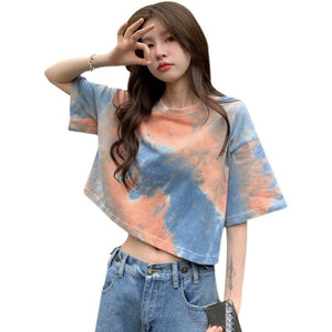 Tie - dyed short - sleeved T-shirt for women in summer 2025 new design niche navel - baring short top - Negative Apparel