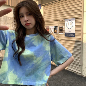 Tie - dyed short - sleeved T-shirt for women in summer 2025 new design niche navel - baring short top - Negative Apparel