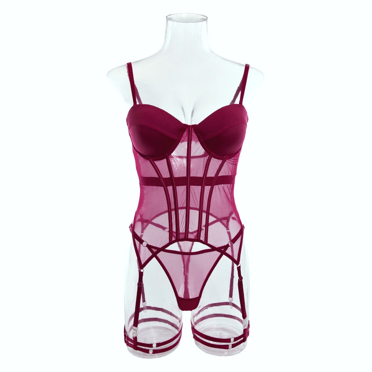 Transparent mesh splicing chest cotton gathered jumpsuit underwear panty set - Negative Apparel