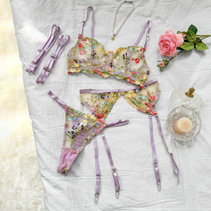 Underwear sxy high - end embroidery multi - colored small floral four - piece set - Negative Apparel