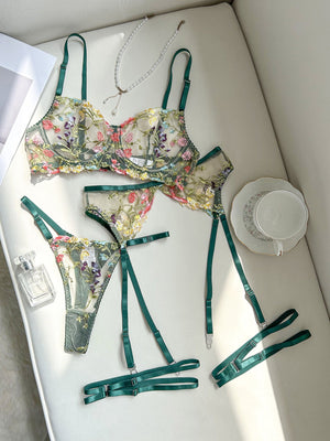 Underwear sxy high - end embroidery multi - colored small floral four - piece set - Negative Apparel