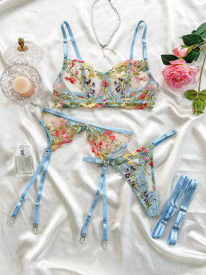 Underwear sxy high - end embroidery multi - colored small floral four - piece set - Negative Apparel