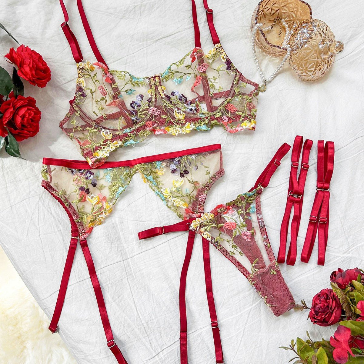 Underwear sxy high - end embroidery multi - colored small floral four - piece set - Negative Apparel