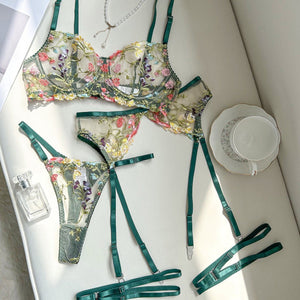Underwear sxy high - end embroidery multi - colored small floral four - piece set - Negative Apparel