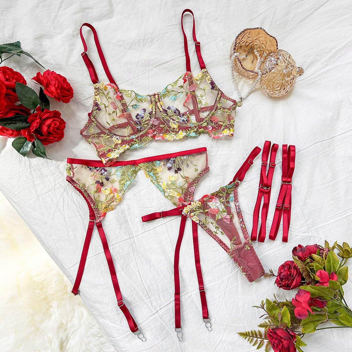 Underwear sxy high - end embroidery multi - colored small floral four - piece set - Negative Apparel