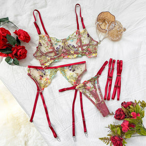 Underwear sxy high - end embroidery multi - colored small floral four - piece set - Negative Apparel
