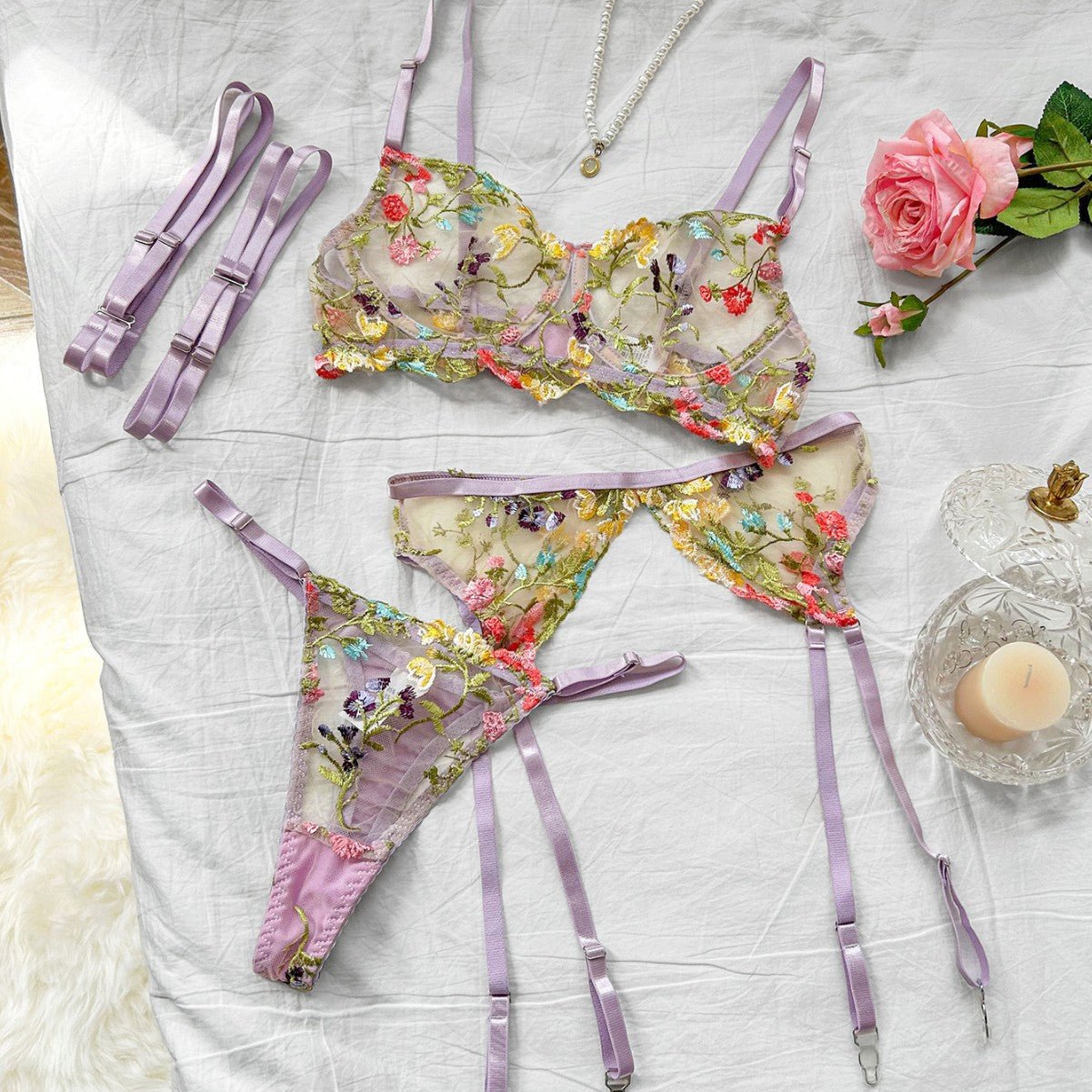 Underwear sxy high - end embroidery multi - colored small floral four - piece set - Negative Apparel