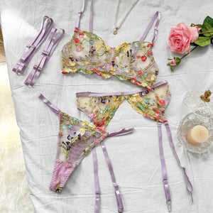 Underwear sxy high - end embroidery multi - colored small floral four - piece set - Negative Apparel