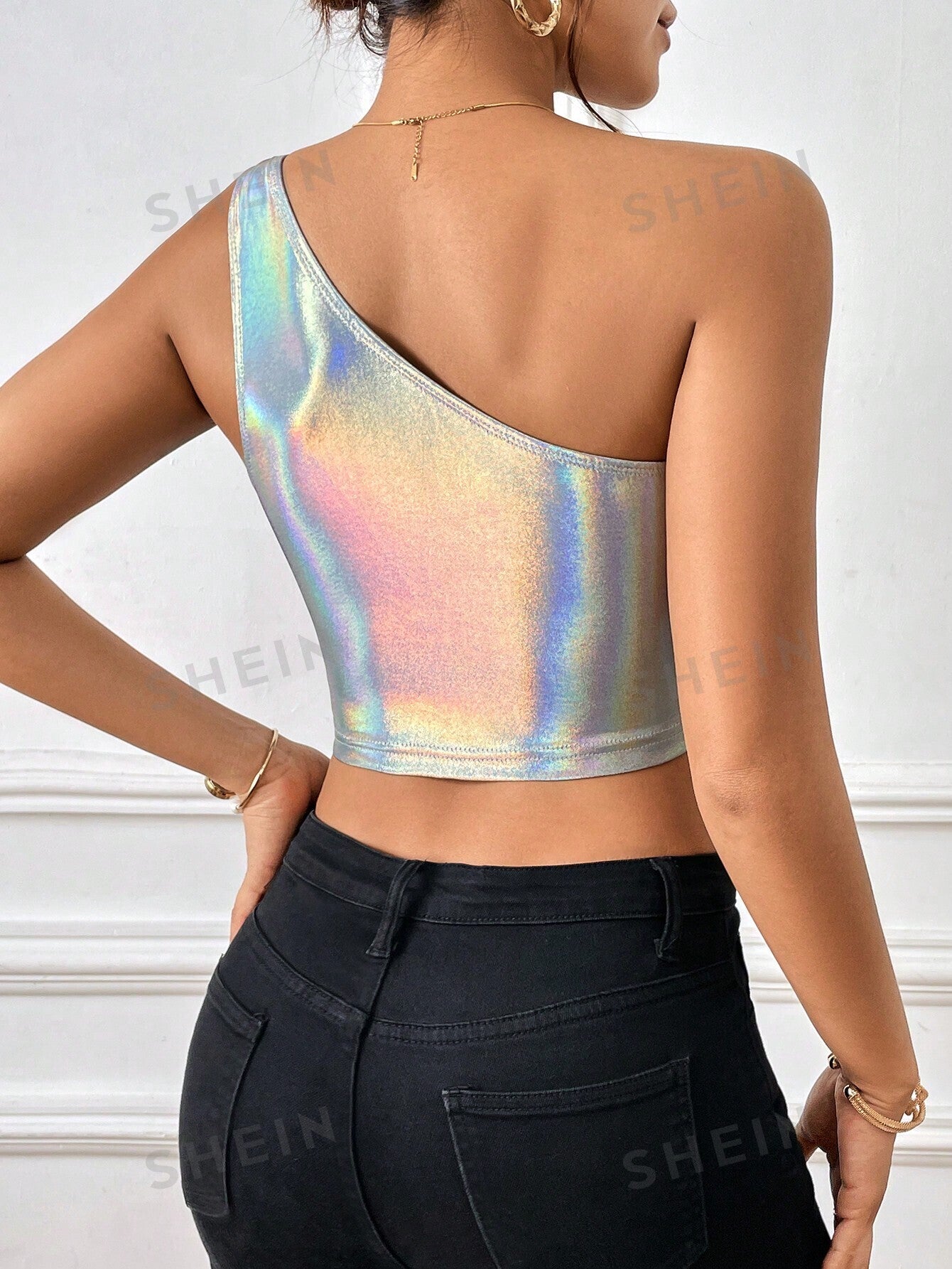 Unity Holographic One Shoulder Crop Metallic Top - Negative Apparel