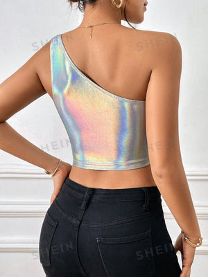 Unity Holographic One Shoulder Crop Metallic Top - Negative Apparel