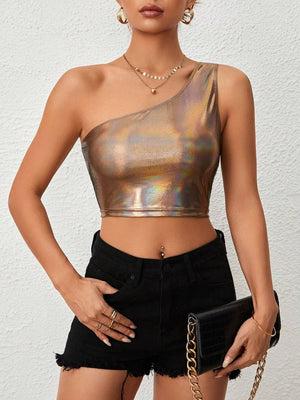 Unity Holographic One Shoulder Crop Metallic Top - Negative Apparel