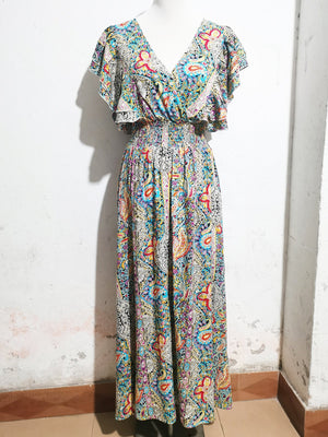 V - neck backless cotton lotus leaf sleeve slit Bohemian holiday dress - Negative Apparel