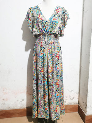 V - neck backless cotton lotus leaf sleeve slit Bohemian holiday dress - Negative Apparel