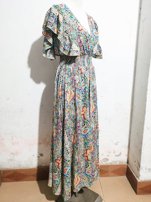 V - neck backless cotton lotus leaf sleeve slit Bohemian holiday dress - Negative Apparel