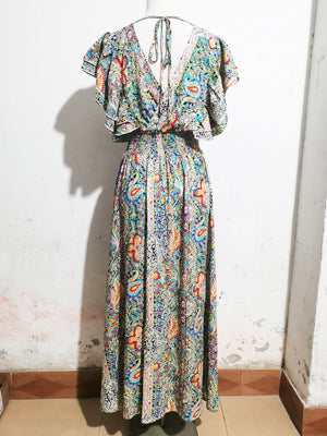 V - neck backless cotton lotus leaf sleeve slit Bohemian holiday dress - Negative Apparel