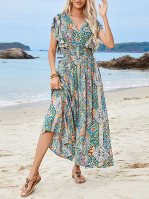V - neck backless cotton lotus leaf sleeve slit Bohemian holiday dress - Negative Apparel