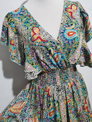 V - neck backless cotton lotus leaf sleeve slit Bohemian holiday dress - Negative Apparel