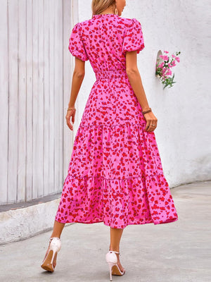 V - neck bubble pleated print short - sleeved pocket dress - Negative Apparel