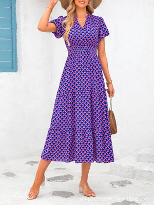 V - neck bubble pleated print short - sleeved pocket dress - Negative Apparel