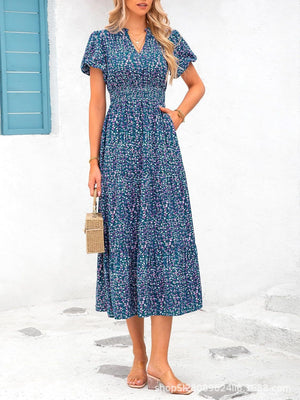 V - neck bubble pleated print short - sleeved pocket dress - Negative Apparel