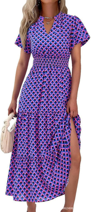 V - neck bubble pleated print short - sleeved pocket dress - Negative Apparel