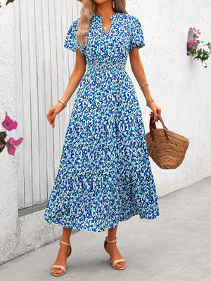 V - neck bubble pleated print short - sleeved pocket dress - Negative Apparel