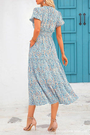 V - neck bubble pleated print short - sleeved pocket dress - Negative Apparel
