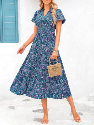 V - neck bubble pleated print short - sleeved pocket dress - Negative Apparel
