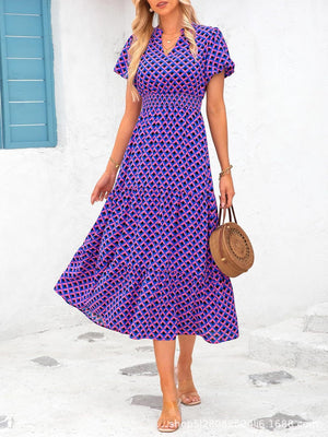 V - neck bubble pleated print short - sleeved pocket dress - Negative Apparel