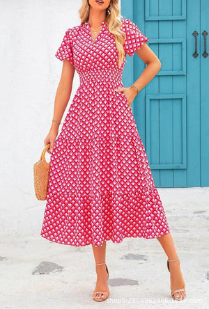 V - neck bubble pleated print short - sleeved pocket dress - Negative Apparel