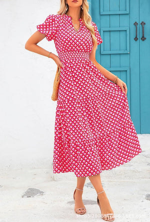 V - neck bubble pleated print short - sleeved pocket dress - Negative Apparel