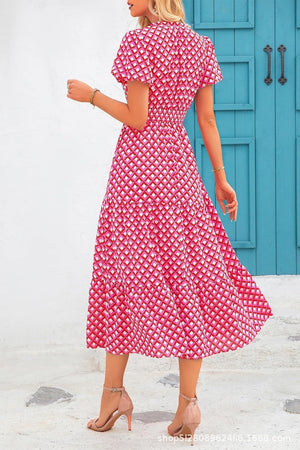 V - neck bubble pleated print short - sleeved pocket dress - Negative Apparel