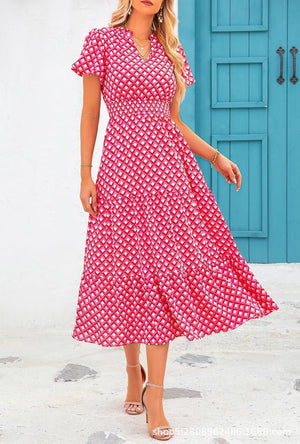 V - neck bubble pleated print short - sleeved pocket dress - Negative Apparel