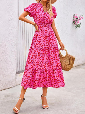 V - neck bubble pleated print short - sleeved pocket dress - Negative Apparel
