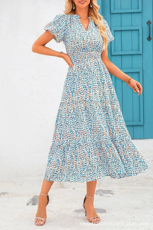 V - neck bubble pleated print short - sleeved pocket dress - Negative Apparel