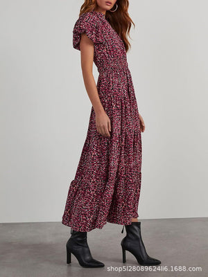 V - neck bubble pleated print short - sleeved pocket dress - Negative Apparel